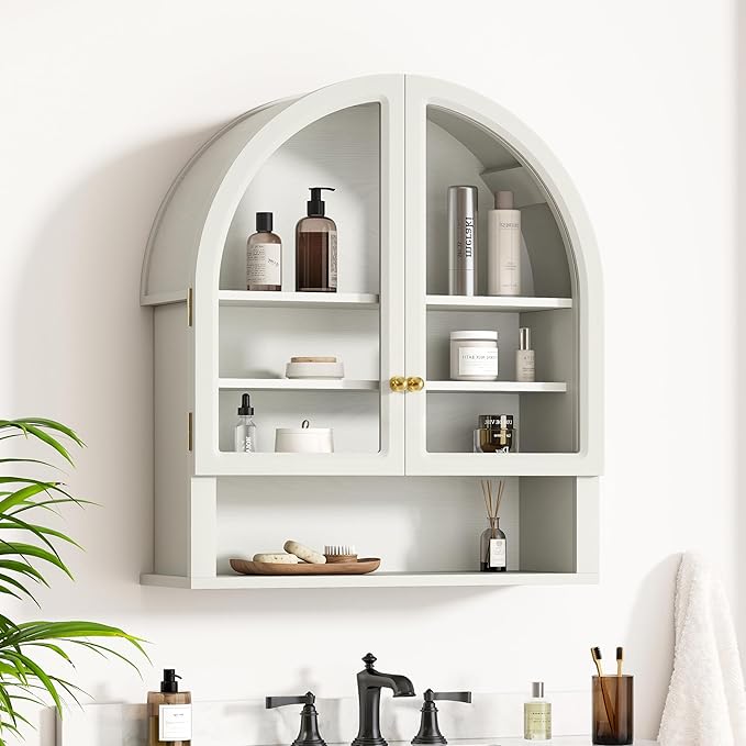 Arched Wall Cabinet with Acrylic Door, Large Wooden Wall Mounted Bathroom Cabinet, Modern Hanging Medicine Cabinet with Adjustable Shelf and Open Shelf, White