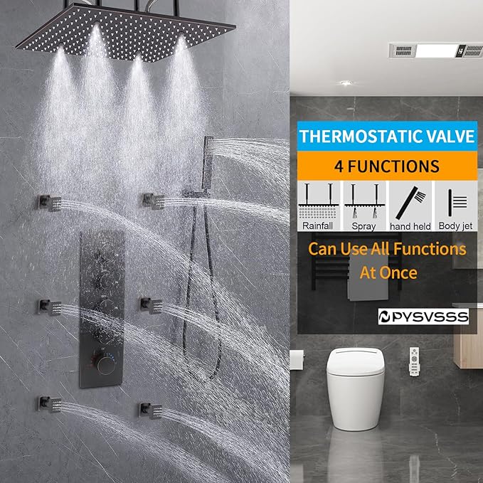 Ceiling Rain Shower System(All Functions Can Run Together)with on-off Full Body Jets, Oil Rubbed Bronze Thermostatic Shower System with 16 Inch Rain & Fog Overhead Shower & Handheld Spray Kit