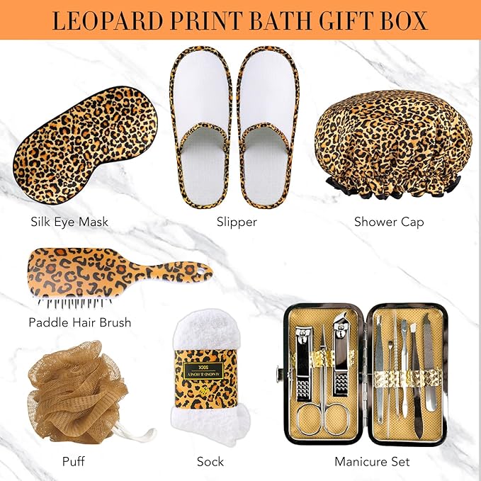 Christmas Gifts for Women, Bath Gift Set, Leopard XXL 20 Pcs Skin Care Set, Slef Care Gifts Set , Mother's Day, Valentine, Birthday, Home Spa Kit, Shower Gel, Body Lotion, Shower Cap,Manicure Set