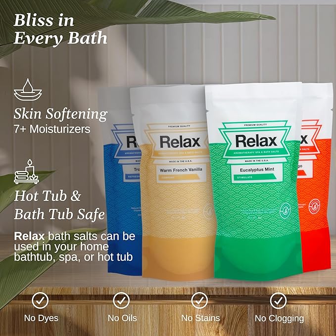 Relax Spa & Bath, Epsom & Dead Sea Salts, Aromatherapy Bath Salts for Hot Tub, Bath, or Spa, Infused with Magnesium, Spa Gifts for Women, 4 Pack, Relax Original Collection, 4 oz Each