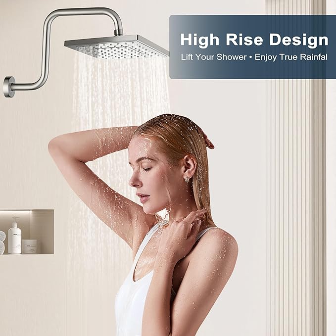 BRIGHT SHOWERS 13 Inch Shower Head Extension Arm with Flange S Shaped High Rise Extender, Long Stainless Steel Rainfall Shower Head Pipe Arm, Brushed Nickel
