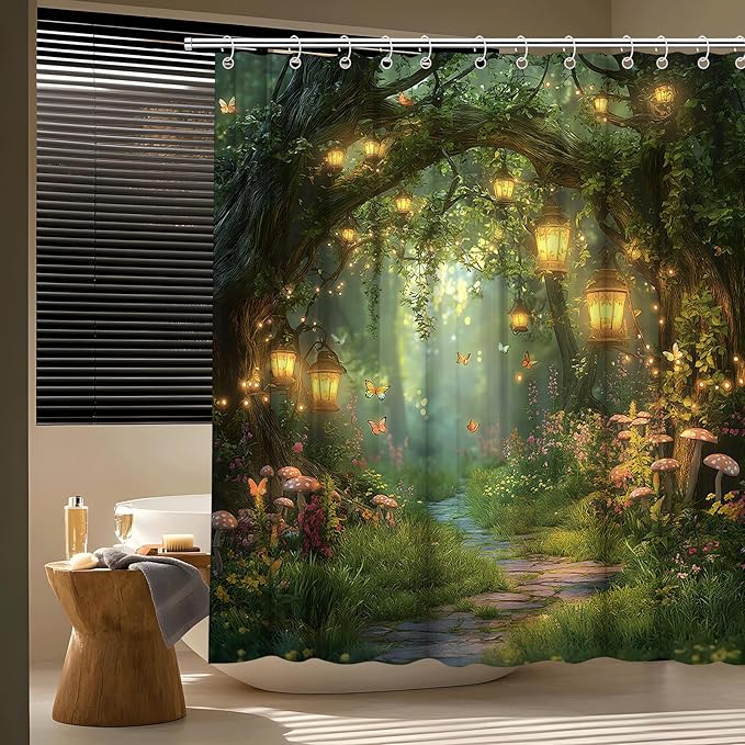 Fantasy Forest Path Shower Curtain Fairy Magical Enchanted Misty Jungle Mushroom Floral Tree Butterfly Lantern Wonderland Plant Bath Curtain Fabric Bathroom Accessories Decor with Hooks 75W x70L