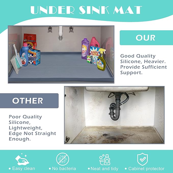 URMONA Waterproof Silicone Under Sink Mat 22'' x 22'' Shelf Liner for Kitchen and Bathroom, Cabinet and Counter Protector, Storage and Organizers, Litter Mat, Pet Cat Puppy Essentials(Dark Grey)