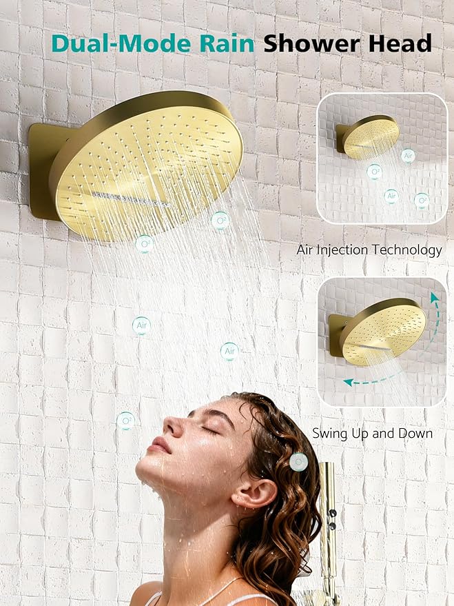 Lefton Shower System in Fahrenheit Display (Battery-free), 13” Overhead Round Rainfall Shower Head with All-in-one Handheld Spray Showerhead, 4-in-1 Control System, SSWM2501 (Brushed Gold)