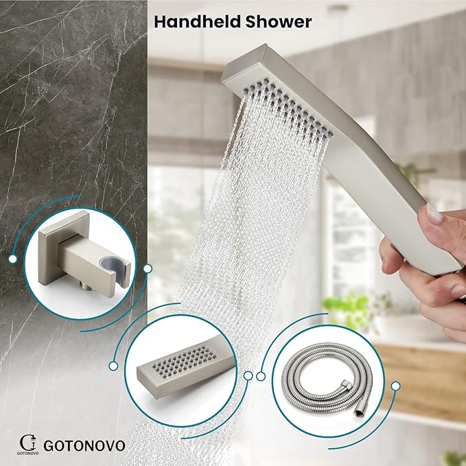 gotonovo Shower System with Tub Spout Wall Mounted Rain Shower Head and Handle Combo Shower Faucet Set with Valve, 10 Inch, Brushed Nickel