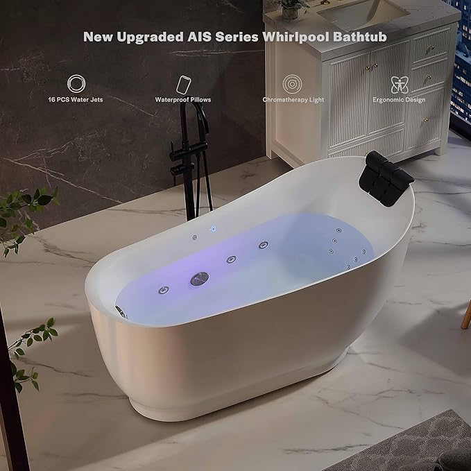 Empava Update Acrylic Whirlpool Bathtub, 59 Inch Acrylic Freestanding Jetted Tub, Hydromassage Gracefully Oval Shaped with 16 Hydromassage Jets with Lumbar and Neck Support, Black Pillow, No faucet