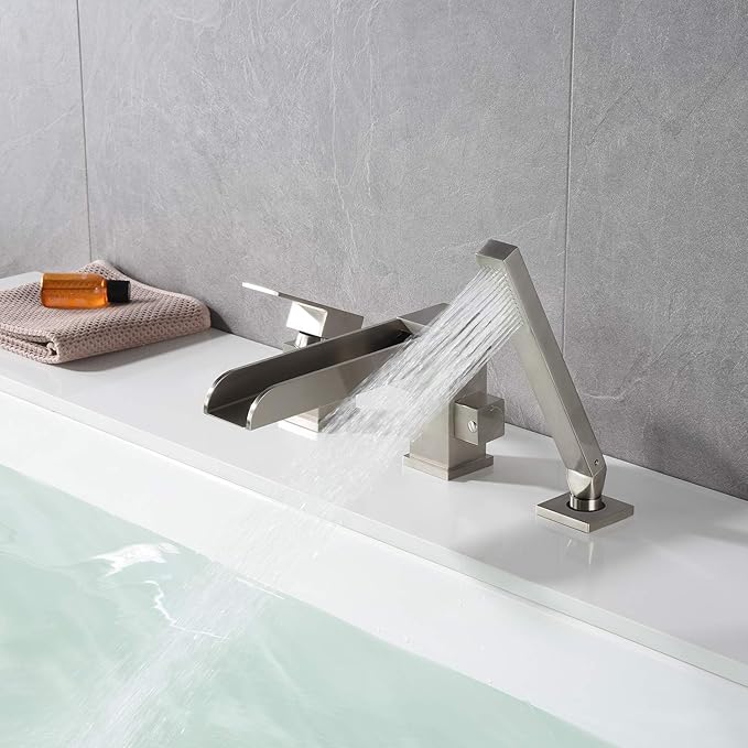 Waterfall Roman Tub Faucets Deck Mount Brushed Nickel Bathtub Faucets Brass Tub Filler Bathroom Faucets with Hand Shower