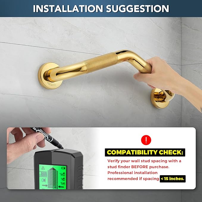 Grab Bars for Bathtubs and Showers- 1-1/4 x 16 Angled Shower Grab Bar for Seniors Knurled Stainless Steel Handicap Grab Bars for Wall (Gold, 2 Pack)