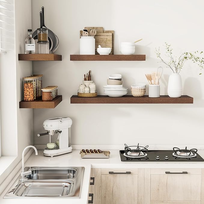 Vivelove Wide Floating Shelves for Wall 12 Inch Deep, 55" X 12" X 2" Floating Shelf, 2 Inch Thick Shelf for Living Room Bathroom Bedroom Kitchen Book Room, Rustic Farmhouse Decor Set of 2, Walnut