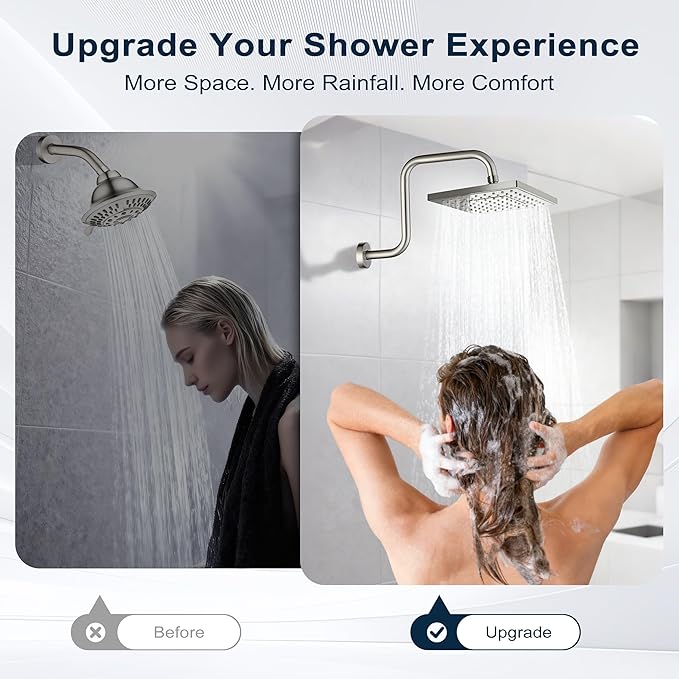 BRIGHT SHOWERS 13 Inch Shower Head Extension Arm with Flange S Shaped High Rise Extender, Long Stainless Steel Rainfall Shower Head Pipe Arm, Brushed Nickel