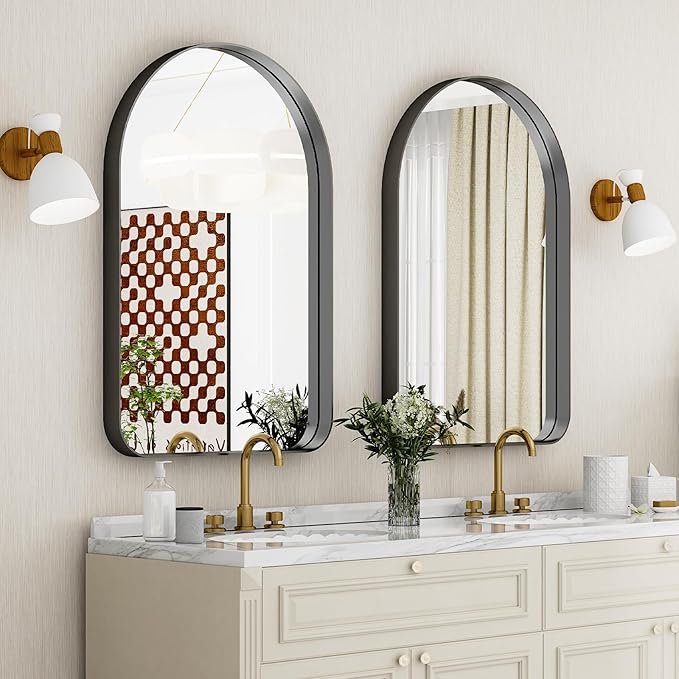 GLSLAND 26”x38“ Black Arched Bathroom Mirror - Aluminum Alloy Framed Wall- Matted Wall Mirrors for Bedroom, Entryway Mirrors for Wall