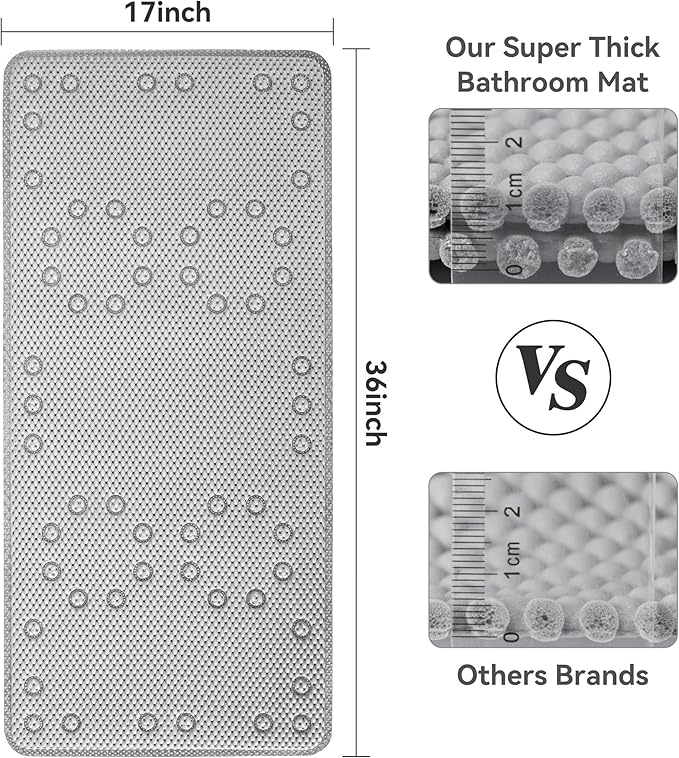 Double Layer Foam Non Slip Bathtub Mat 37x17in, More Comfortable and Thicker Tub Mat Than Ordinary Foam Shower Mat, Bath Mat for Tub with Suction for Comfort and Safety (Grey, 36'' x 17'')