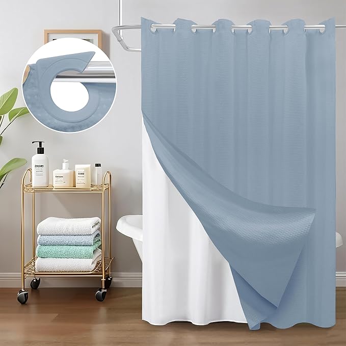 Inhousolu No Hook Waffle Weave Shower Curtain with Removable Snap in Fabric Liner Set for Bathroom, 230 GSM Heavy Duty Weighted Hem, Water Repellent Washable Bath Curtains, 72 x 84 Inch, Fog Blue