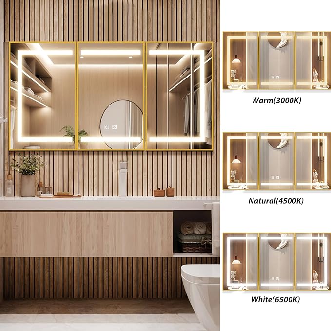 APRILSOUL 48X32 Inch Gold Bathroom Medicine Cabinet with Mirror, Recessed or Surface Lighted Medicine Cabinet with 3 Colors Temperature, Dimmable Light