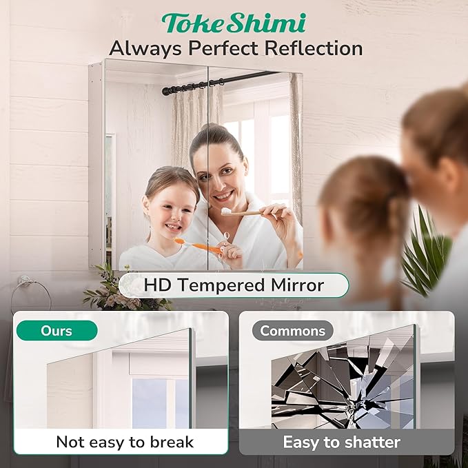 TokeShimi 20x32 Bathroom Cabinet Mirror Tempered, Aluminum Silver Recessed Medicine Cabinet with Mirror Frameless Stepless Adjustable Shelf, Surface Mount Medicine Cabinet for Bathroom