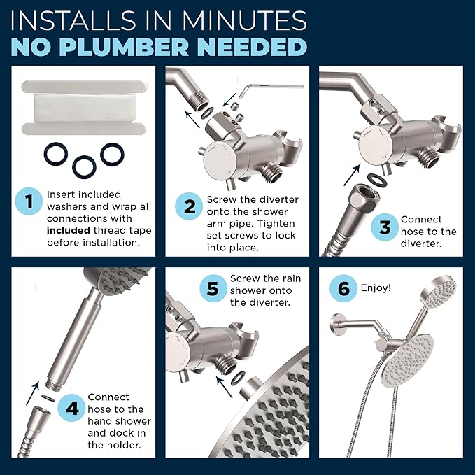HammerHead Showers® Solid Metal Dual Shower Head Combo – BRUSHED NICKEL – 8 Inch Rainfall High Flow Shower Head & Handheld Shower Head High Pressure with Hose 6ft - Hotel-Like Double Shower Heads