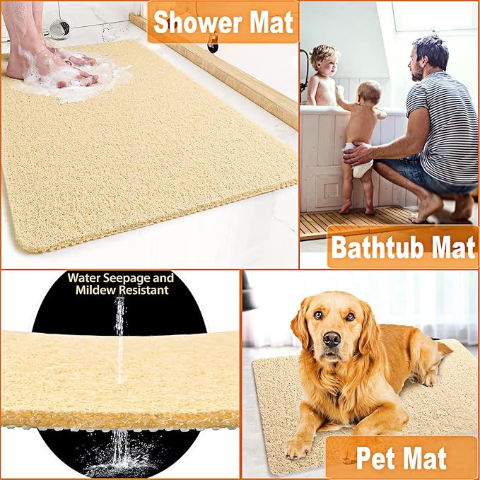 Shower Mats Non Slip for Elderly, 24x32’’Lager Loofah Bath Mats for Shower, Non-Slip Bath Mat for Elderly-Beige