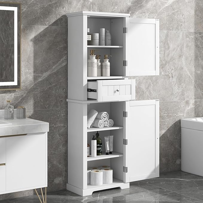 Favfurish 68" Tall Bathroom Storage Cabinet with Doors and Drawer,Modern Linen Cabinets w/Adjustable Shelf and Anti-Toppling Device,Freestanding Organizer for Bath Room,Study,Office,Kitchen White