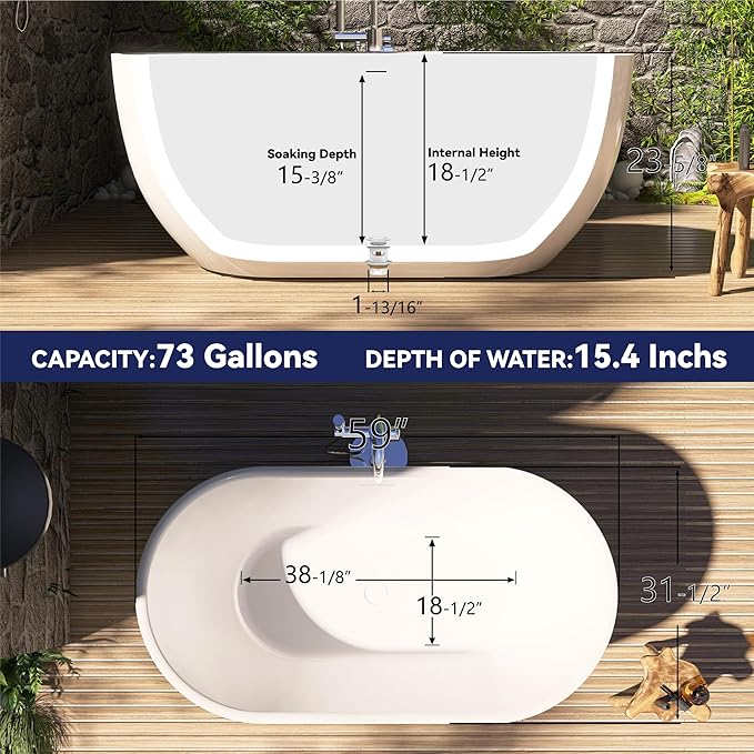 59" Acrylic Free Standing Tub, Stand Alone Tub, Freestanding Bathtub, Soaking Bathtub, cUPC Certified, SE(Glossy White)