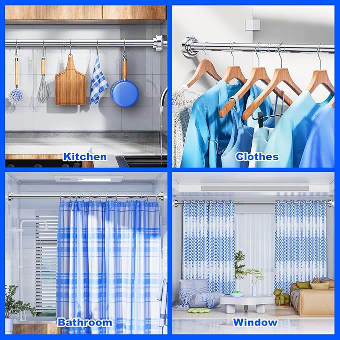 Ausemku Shower Curtain Rod - 32-43 Inch Rustproof Tension Rod, Non-Slip Spring Design, No Drilling Adjustable Curtain Rod for Bathroom, Kitchen, and Closet（Silver）
