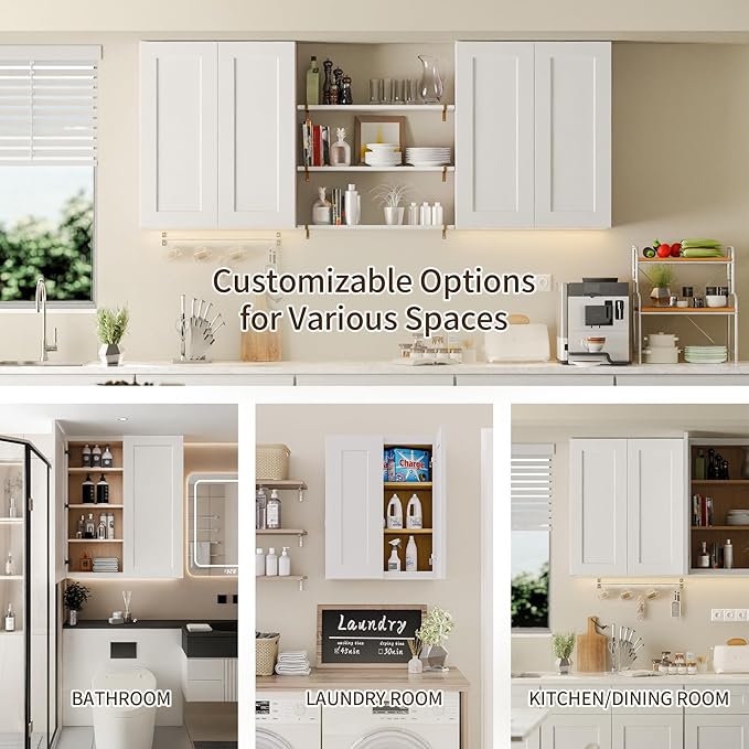 33 Inch Laundry Room Cabinets Wall Mounted, Solid Wood Over The Toilet Storage Cabinet, Bathroom Organizer Cabinets with 2 Shaker Door & 3 Shelves, Easy to Assemble for Kitchen, Garage - White