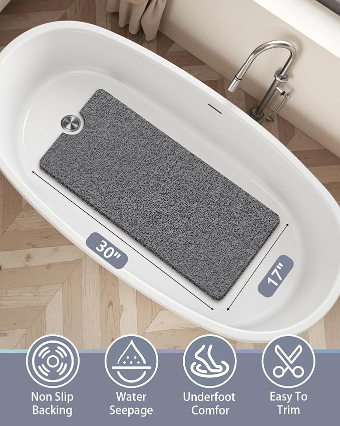 Mecko Non-Slip Shower Mat, Anti-Slip Bath Mat with Foot Scrubber – Quick-Drying Loofah Texture for Indoor and Outdoor Use, Bathtubs and Wet Areas (Grey, 17"x30")