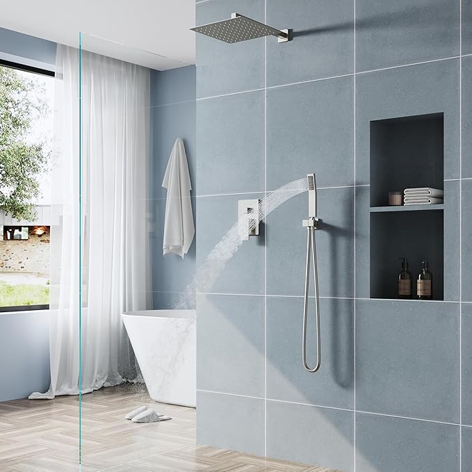 WELLFOR 12-In Wall Mounted Rain Shower Faucet with Single Handle and Handheld Spray, Waterfall Dual Head Shower Head System with 2-way Diverter, Pressure-balanced Valve Included, Brushed Nickel