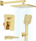 Gabrylly Shower System with Tub Spout, Wall Mounted Shower Faucet Set for Bathroom with High Pressure 10" Rain Shower head and 3-Setting Handheld Shower Head Set,Brushed Gold