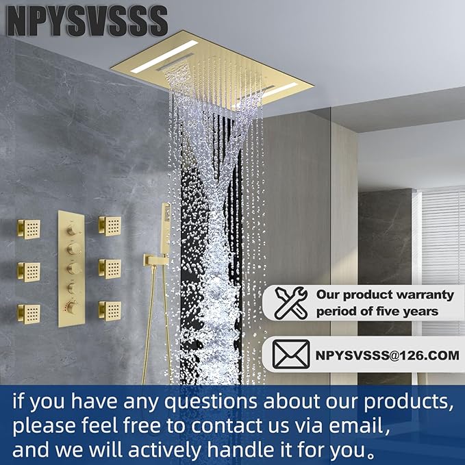 Multi Full Body Thermostatic Luxury Spa Shower System And 14x20 Inch LED 4 Functions Faucet Set, Rainfall Spray Waterfall Can Be Turned On Simultaneously,Brushed Gold