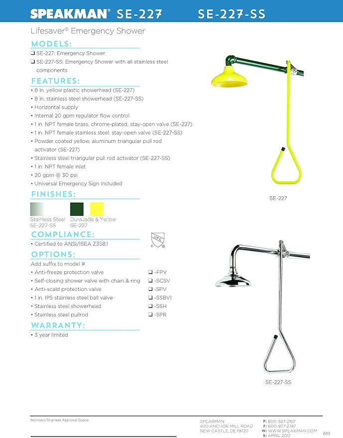 Speakman SE-227 Lifesaver Horizontal Supply Emergency Shower for Dangerous Worksites, Yellow/Green