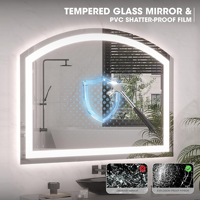Hasipu 60“ x 36" Arch LED Bathroom Mirror, Frontlit Wall-Mounted Vanity Mirror with Lights, Defogging, Smart Touch, Dimmable 3 Color Modes, Safety Shatterproof Glass Coating