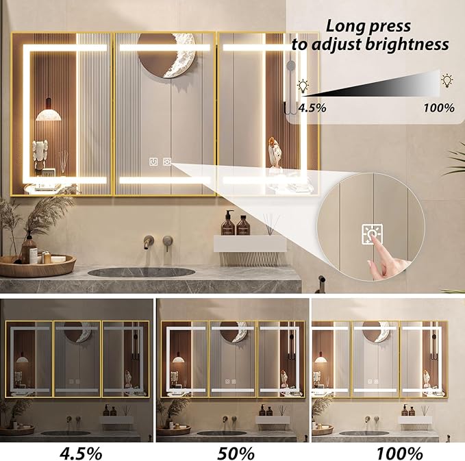 APRILSOUL 60X32 Inch Gold Bathroom Medicine Cabinet with Mirror, Recessed or Surface Lighted Medicine Cabinet with 3 Colors Temperature, Dimmable Light