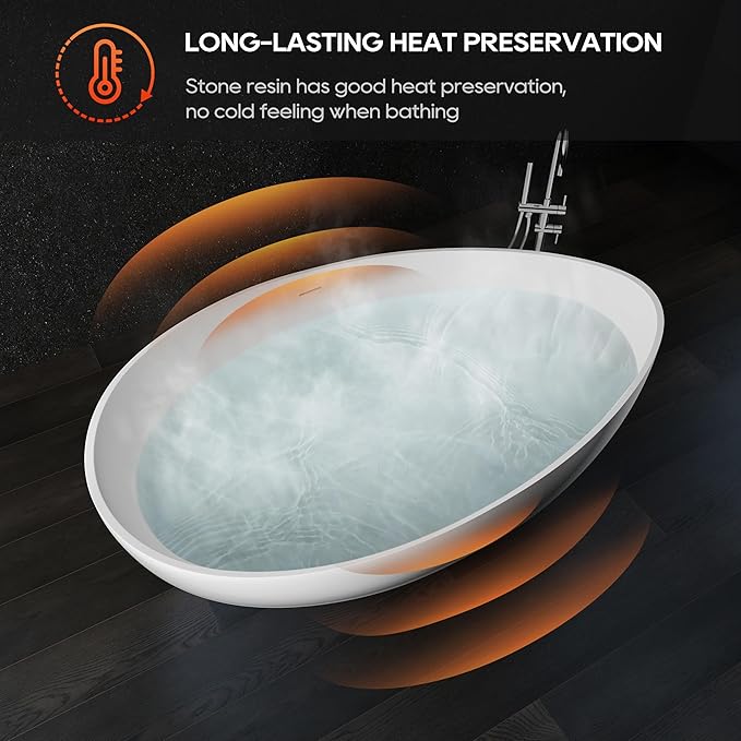 SJ STAR&JANE 63" x 38" Solid Surface Freestanding Bathtub, Oval Soaking Tub with Overflow and Pop-up Drain for Bathroom Matte Black