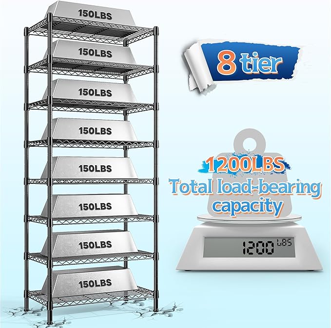 8 Tier Wire Shelving Rack Storage Shelves Loads1200LBS,Metal Shelving Adjustable Unit and Metal Shelf Pantry Shelves Industrial Shelving for Commercial Kitchen Office 72H X 13.8D X 23.6W