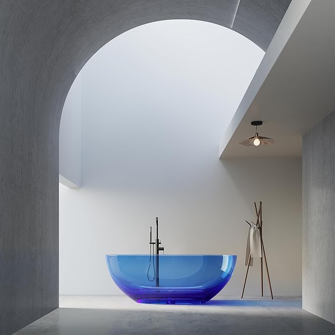 Stone Resin Freestanding Bathtub 61", Elegant Oval Shape Soaking Tub, Solid Surface Stand Alone Bathtub with Drain & Integrated Slotted Overflow Transparent Blue AMFS303-1550-TPBLUE