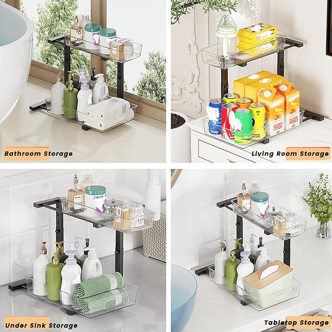 Under Sink Organizer, 2 Tier Pull Out Storage Organizer, Slide Out Storage Shelf for Bathroom & Kitchen, Under Cabinet Organizer and Storage with 5 Gears Height Adjustable (Black, 1 Pack)