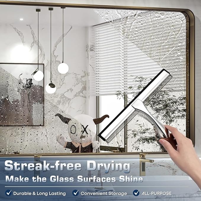 Stainless Steel Shower Squeegee for Glass, Includes 3 Adhesive Hooks, Shower Door Squeegee for Bathroom, Household Window, Car Windshield, Mirrors, Tiles Scrubber Clear, 12 inch, Silver