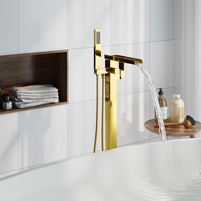 Freestanding Bathtub Faucet, Floor Mount Bathtub Faucet with 2 Water Outlet Modes, Swivel Gooseneck Spout with Hand Shower,Single Handle, Max Flow Rate 7.4 GPM (Waterfall-Gold)