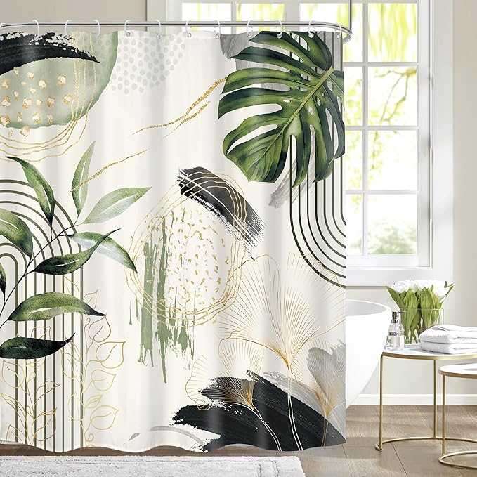 Grey Green Boho Shower Curtain 60Wx72H Tropical Palm Leaves Abstract Mid Century Modern Bohemian Minimalist Gold Leaf Plant Bathroom Decor Botanical Bath Curtain Fabric Polyester 12 Pack Hooks