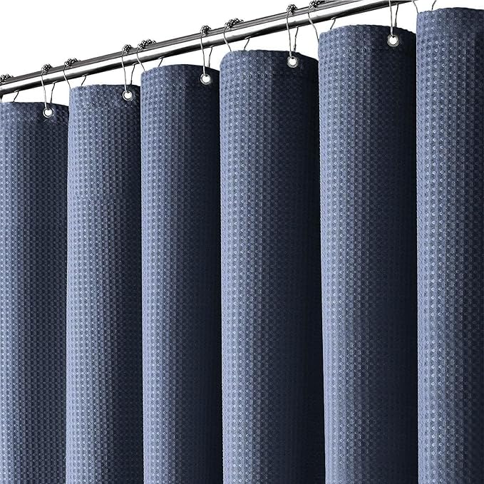 Inhousolu Fabric Shower Curtain Waffle Weave, Navy Blue 230 GSM Heavy Duty, Weighted Hem, 14 Metal Hooks, Water Repellent, Machine Washable, Hotel Spa Luxury Bath Curtain Set, 72 x 72 Inch