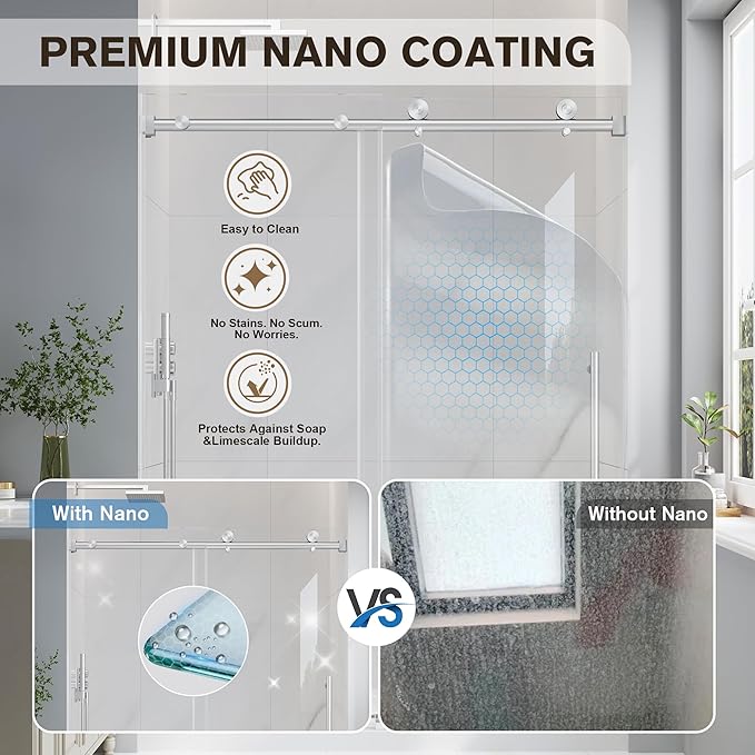 Frameless Glass Shower Door, 49-54" W x 76" H Sliding Frameless Shower Door, 1/4''(6mm) SGCC Tempered Glass, Explosion-Proof Film Nano Coating, Stainless Steel Hardware, Brushed Nickel
