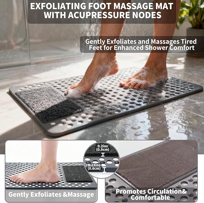Bath Tub Shower Mat with Soft Shower Foot Scrubber Mat for Massage,Non Slip Bathtub Mat with Strong Suction Cups, Silicone Shower Foot Scrubber Mat (Gray, 27.5" X 15.7"(Rectangular))