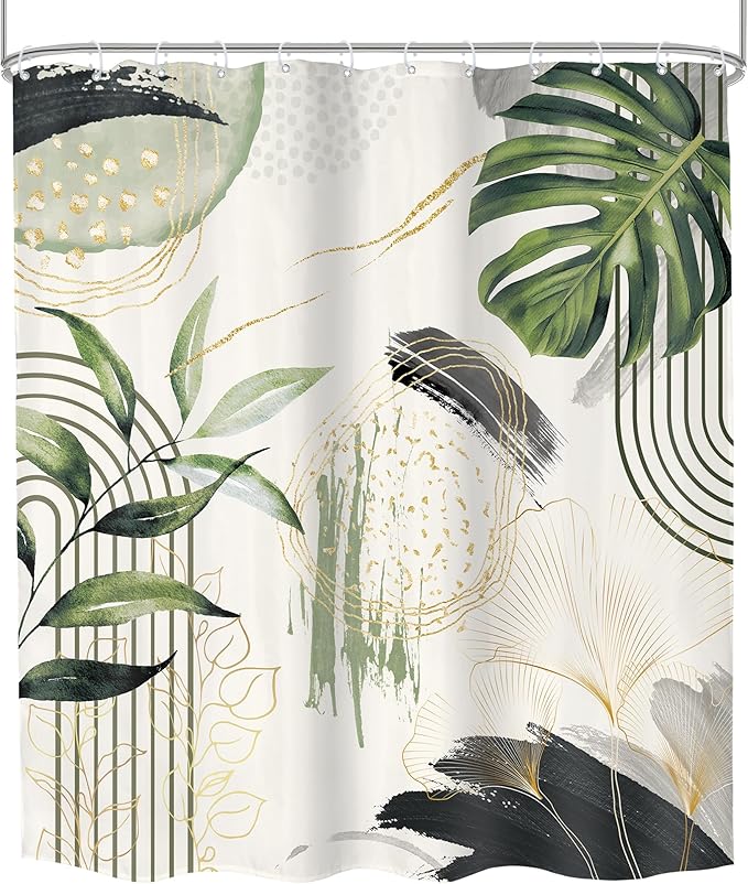 Grey Green Boho Shower Curtain 60Wx72H Tropical Palm Leaves Abstract Mid Century Modern Bohemian Minimalist Gold Leaf Plant Bathroom Decor Botanical Bath Curtain Fabric Polyester 12 Pack Hooks
