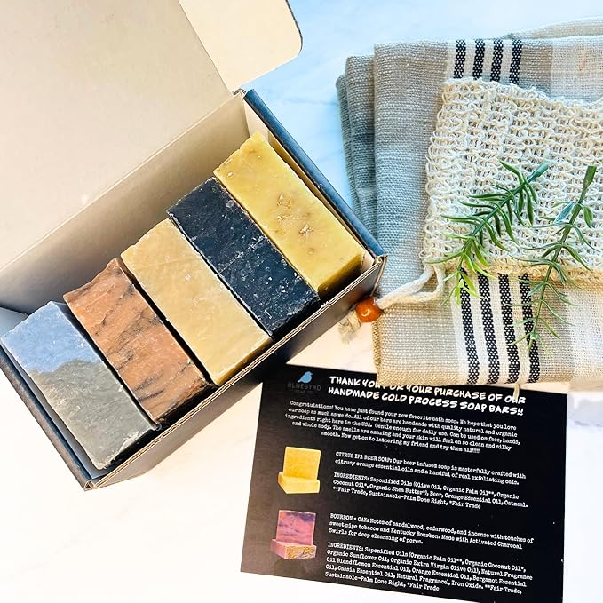 BLUEBYRD Soap - Men's Variety Pack Bourbon Soap Bars | Natural Skin Care, Handmade, Cold Process, Organic | Masculine Fragrance- Bourbon Oak, Citrus IPA Beer, Sandalwood Whiskey, Charcoal (Bourbon)