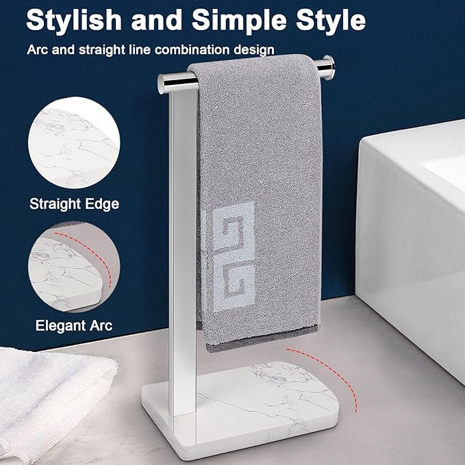 NearMoon Hand Towel Holder with Balanced Marble Base, 304 Stainless Steel Stand Towel Ring L Shape Hand Towel Rack Free-Standing Towel Bar for Bathroom Kitchen Countertop (Single Rod, Chrome)