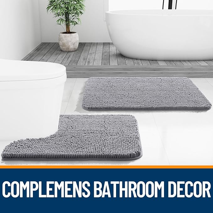 OLANLY Bathroom Rugs Sets 2 Piece, Soft Absorbent Chenille Bath Mats and U-Shaped Contour Toilet Mat Area Rug Set, Machine Washable Bath Carpet, Home Decor Accessories(36"x24"+24"x20", Grey)