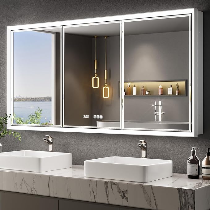 60x30 Beveled Lighted Medicine Cabinet with Mirror & Lights, Surface or Recessed Mirrored Medicine Cabinet with Outlet & Clock, Anti-Fog Dimmable LED Storage Cabinet, Built-in Sensor Light