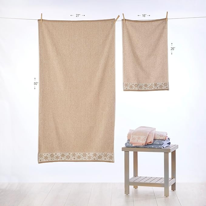 SKL Home Christmas/Winter Heather Snowflake 100% Cotton Premium Bath Towel, 500 GSM, Soft & Absorbent Jacquard, Decorative, Tan