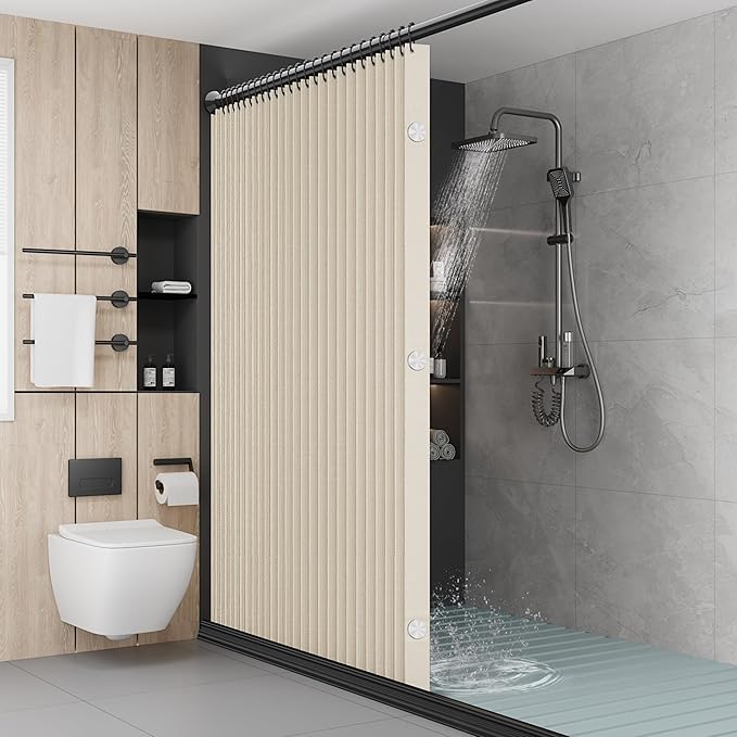 Bathroom Magnetic Folding Shower Curtain, Accordion-Style Shower Curtain, Suitable for Shower Rooms, bathtubs, Hotels or Apartments (Cream Color, W:70*H79.5Inch)