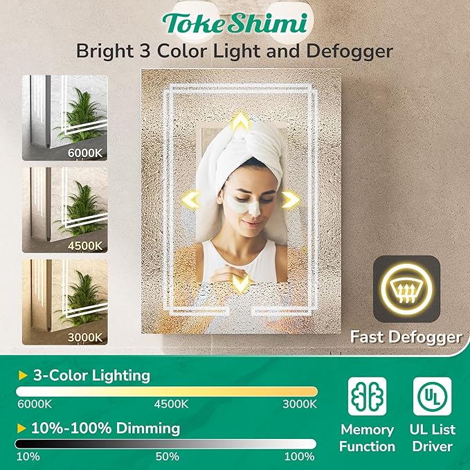 TokeShimi 24 x 32 Bathroom Mirror Medicine Cabinet with Light 3 Colors, Anti-Fog Tempered LED Mirror with Storage, Stepless Dimming CRI 80+, Memory Funtion, Wall Mirrored Cabinet for Bathroom Décor